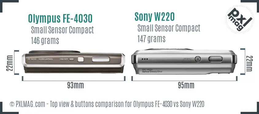 Olympus FE-4030 vs Sony W220 top view buttons comparison