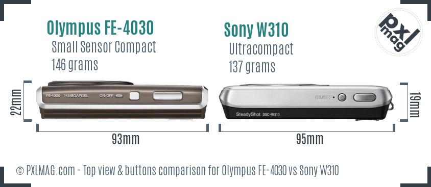 Olympus FE-4030 vs Sony W310 top view buttons comparison