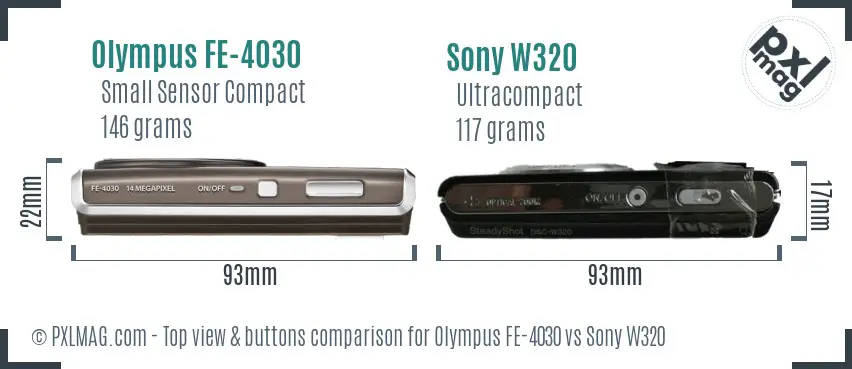 Olympus FE-4030 vs Sony W320 top view buttons comparison