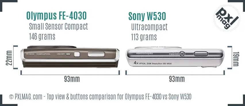 Olympus FE-4030 vs Sony W530 top view buttons comparison