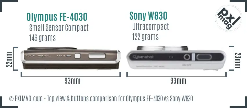 Olympus FE-4030 vs Sony W830 top view buttons comparison