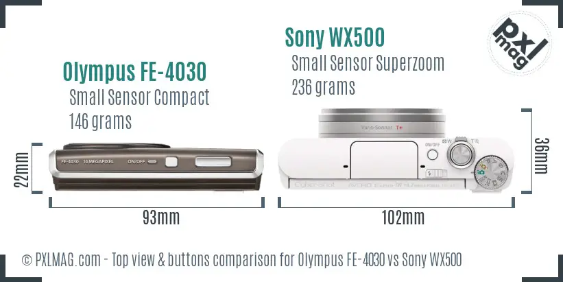 Olympus FE-4030 vs Sony WX500 top view buttons comparison