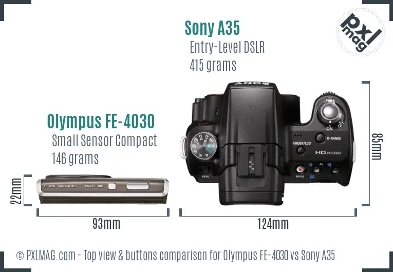 Olympus FE-4030 vs Sony A35 top view buttons comparison Olympus FE-4030 vs Sony A35 top view buttons comparison