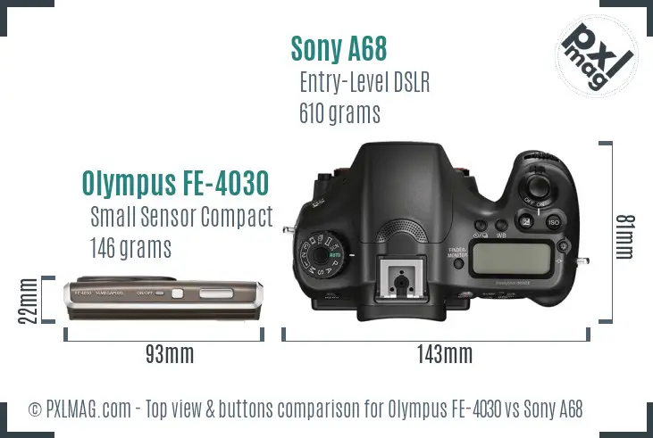 Olympus FE-4030 vs Sony A68 top view buttons comparison Olympus FE-4030 vs Sony A68 top view buttons comparison