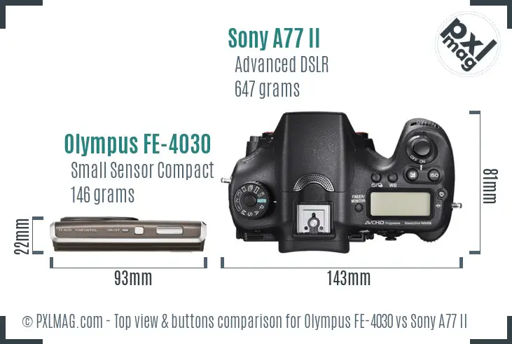 Olympus FE-4030 vs Sony A77 II top view buttons comparison