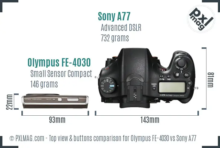 Olympus FE-4030 vs Sony A77 top view buttons comparison Olympus FE-4030 vs Sony A77 top view buttons comparison