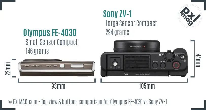 Olympus FE-4030 vs Sony ZV-1 top view buttons comparison Olympus FE-4030 vs Sony ZV-1 top view buttons comparison