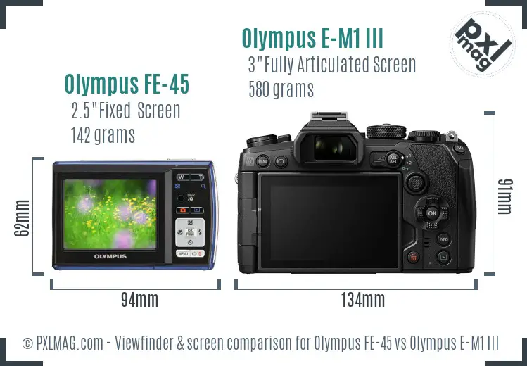 Olympus FE-45 vs Olympus E-M1 III Screen and Viewfinder comparison