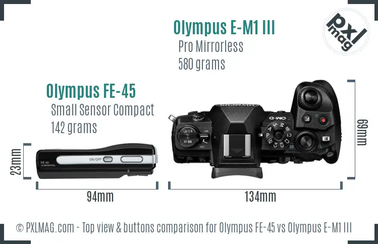 Olympus FE-45 vs Olympus E-M1 III top view buttons comparison