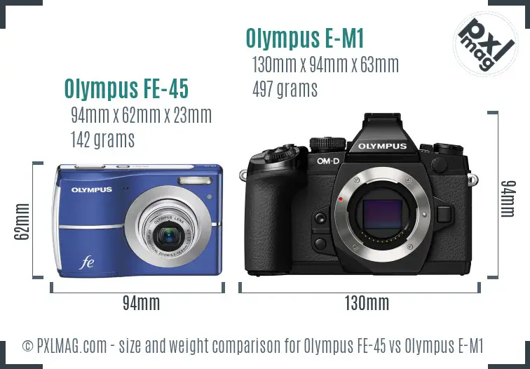 Olympus FE-45 vs Olympus E-M1 size comparison