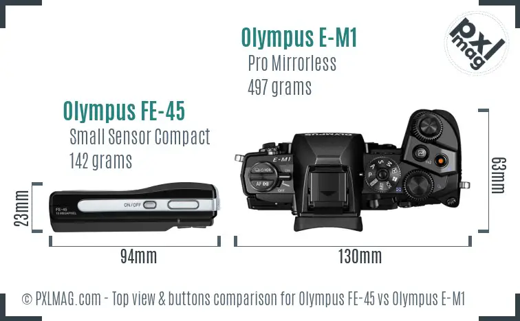 Olympus FE-45 vs Olympus E-M1 top view buttons comparison