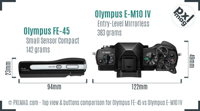 Olympus FE-45 vs Olympus E-M10 IV top view buttons comparison