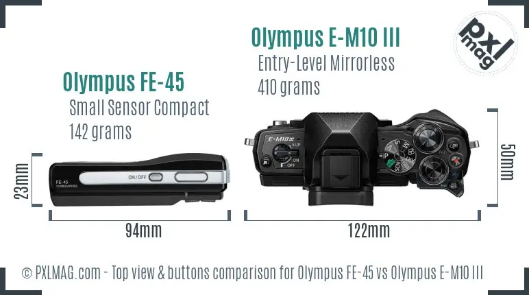 Olympus FE-45 vs Olympus E-M10 III top view buttons comparison