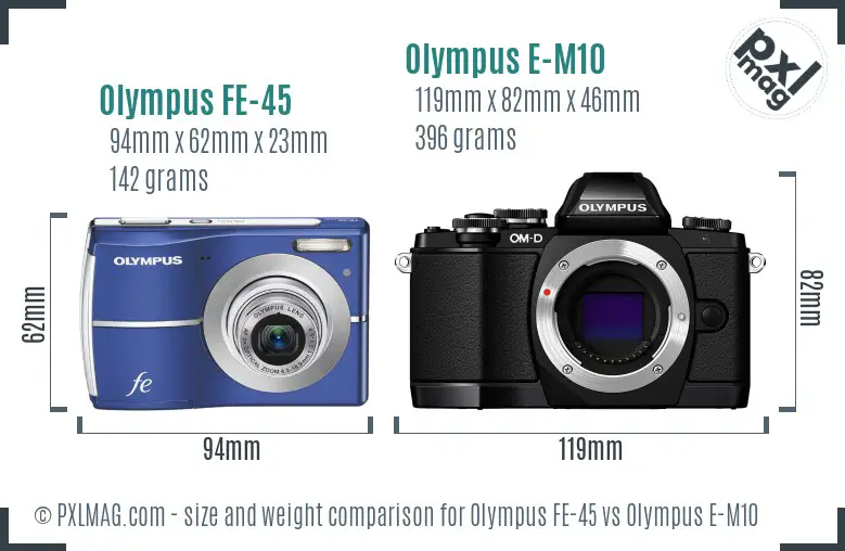 Olympus FE-45 vs Olympus E-M10 size comparison