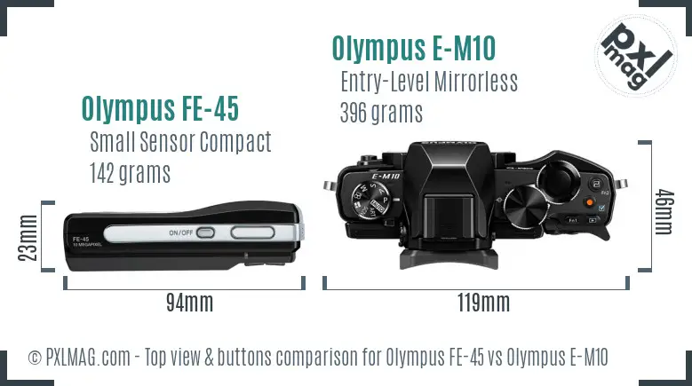 Olympus FE-45 vs Olympus E-M10 top view buttons comparison