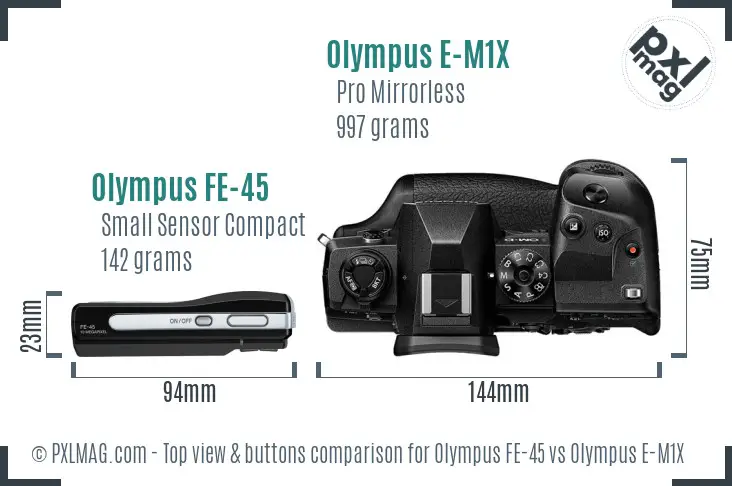 Olympus FE-45 vs Olympus E-M1X top view buttons comparison