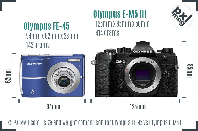 Olympus FE-45 vs Olympus E-M5 III size comparison