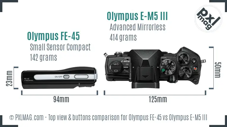 Olympus FE-45 vs Olympus E-M5 III top view buttons comparison