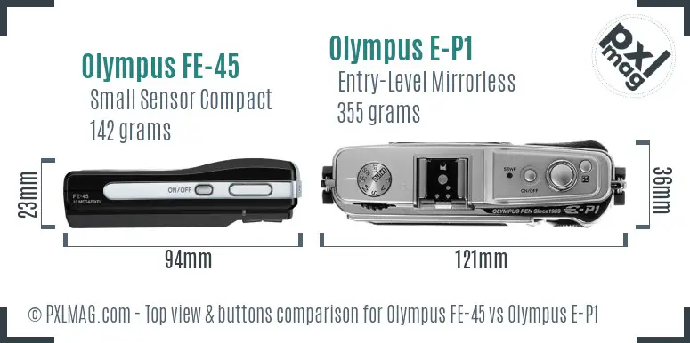 Olympus FE-45 vs Olympus E-P1 top view buttons comparison