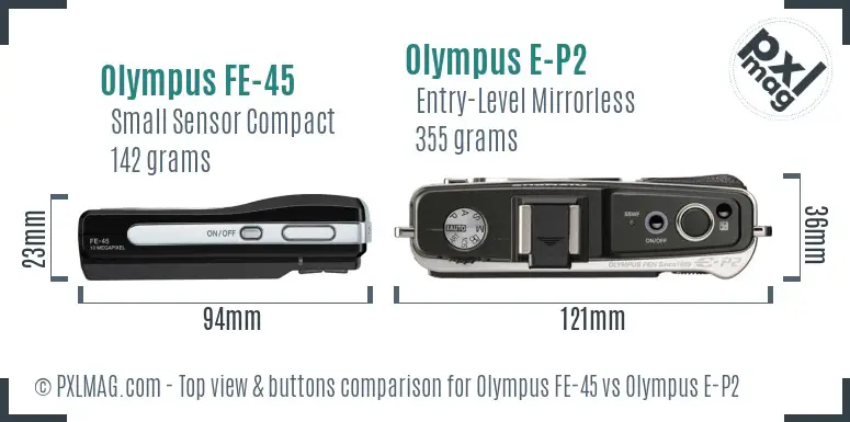 Olympus FE-45 vs Olympus E-P2 top view buttons comparison