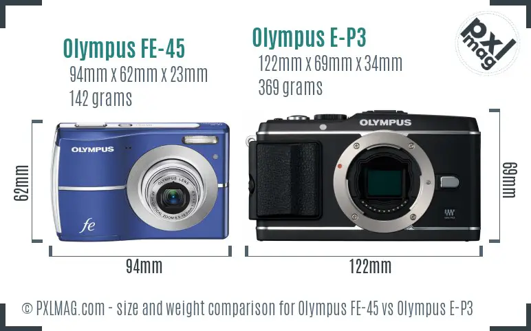 Olympus FE-45 vs Olympus E-P3 size comparison