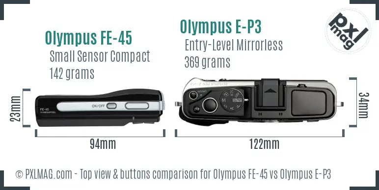Olympus FE-45 vs Olympus E-P3 top view buttons comparison