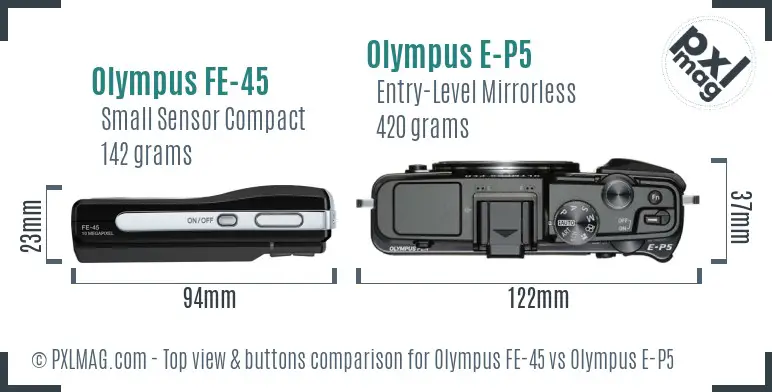 Olympus FE-45 vs Olympus E-P5 top view buttons comparison