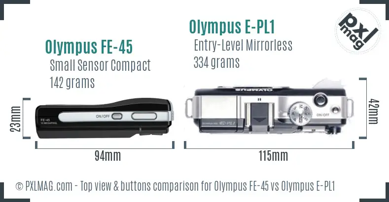 Olympus FE-45 vs Olympus E-PL1 top view buttons comparison