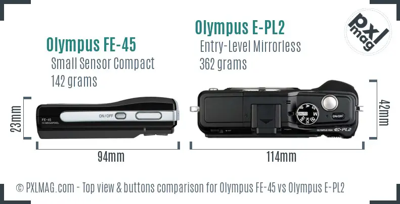 Olympus FE-45 vs Olympus E-PL2 top view buttons comparison