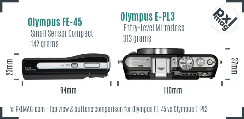 Olympus FE-45 vs Olympus E-PL3 top view buttons comparison