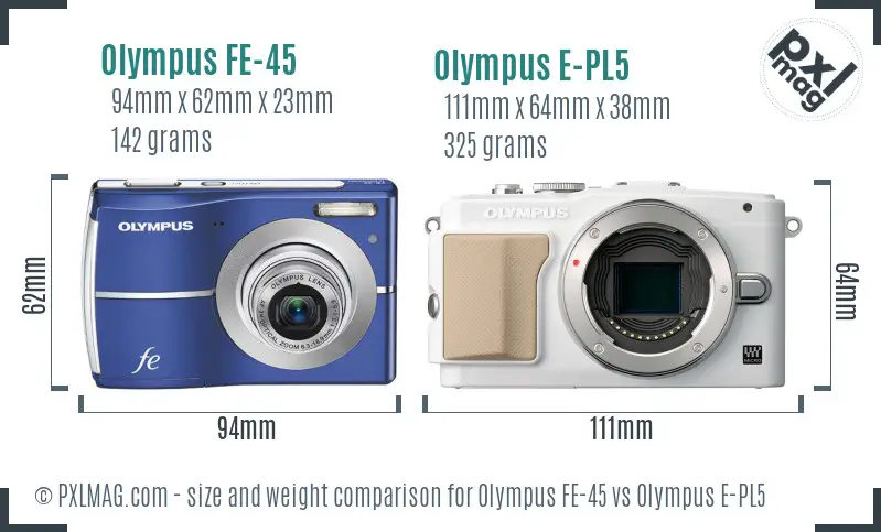 Olympus FE-45 vs Olympus E-PL5 size comparison