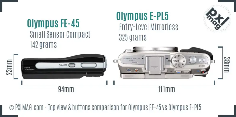 Olympus FE-45 vs Olympus E-PL5 top view buttons comparison