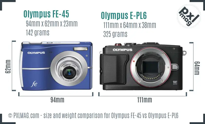 Olympus FE-45 vs Olympus E-PL6 size comparison