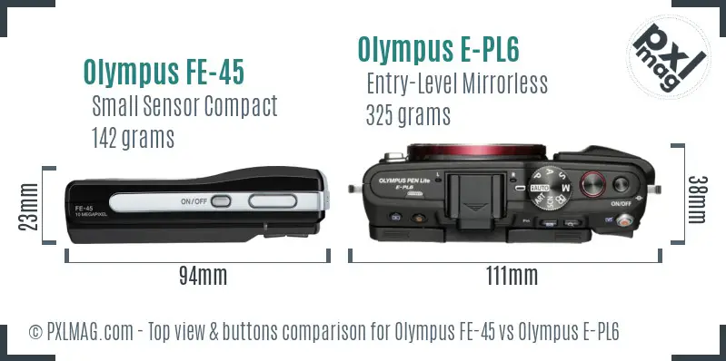 Olympus FE-45 vs Olympus E-PL6 top view buttons comparison