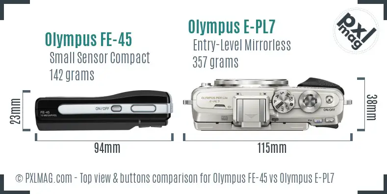 Olympus FE-45 vs Olympus E-PL7 top view buttons comparison