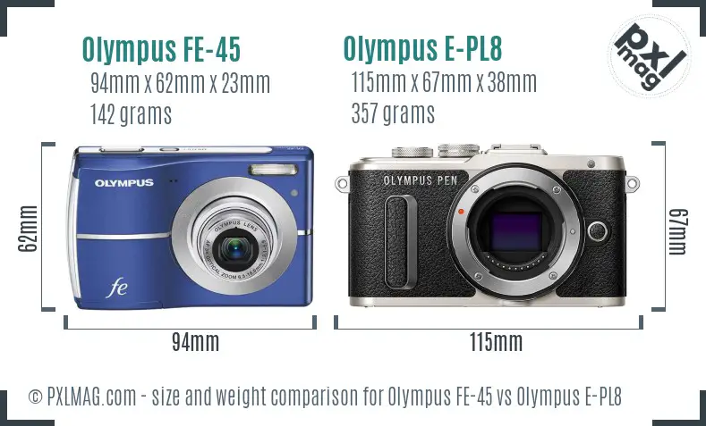 Olympus FE-45 vs Olympus E-PL8 size comparison