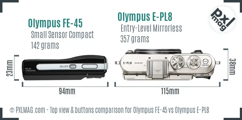 Olympus FE-45 vs Olympus E-PL8 top view buttons comparison
