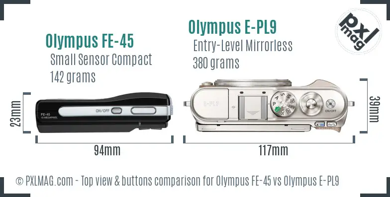 Olympus FE-45 vs Olympus E-PL9 top view buttons comparison