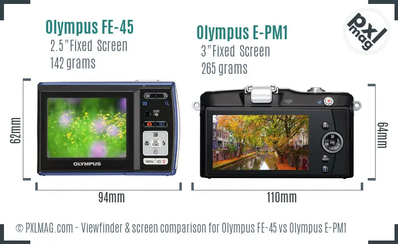 Olympus FE-45 vs Olympus E-PM1 Screen and Viewfinder comparison