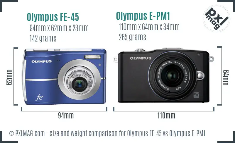 Olympus FE-45 vs Olympus E-PM1 size comparison