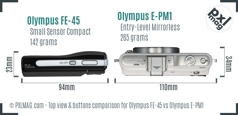 Olympus FE-45 vs Olympus E-PM1 top view buttons comparison