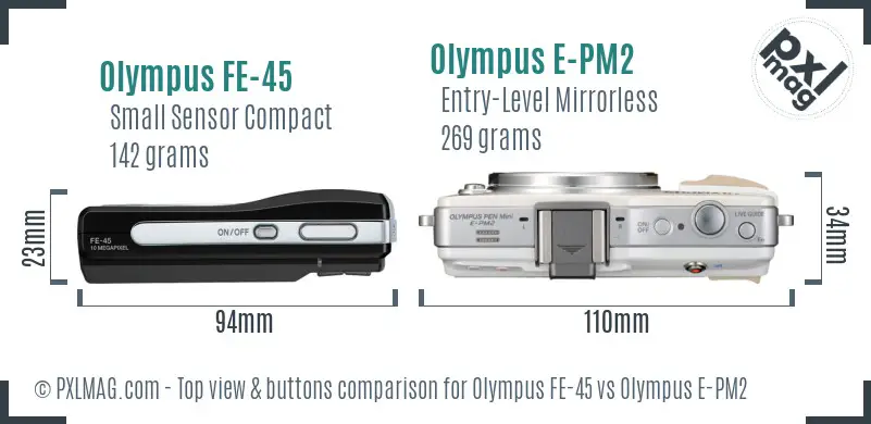 Olympus FE-45 vs Olympus E-PM2 top view buttons comparison