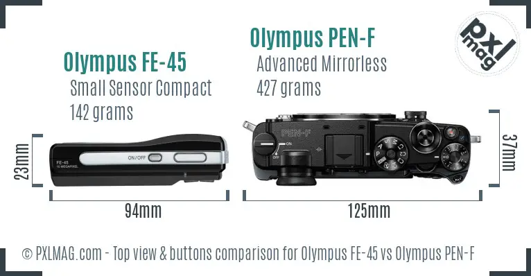 Olympus FE-45 vs Olympus PEN-F top view buttons comparison