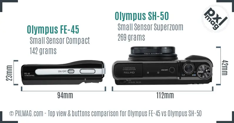 Olympus FE-45 vs Olympus SH-50 top view buttons comparison