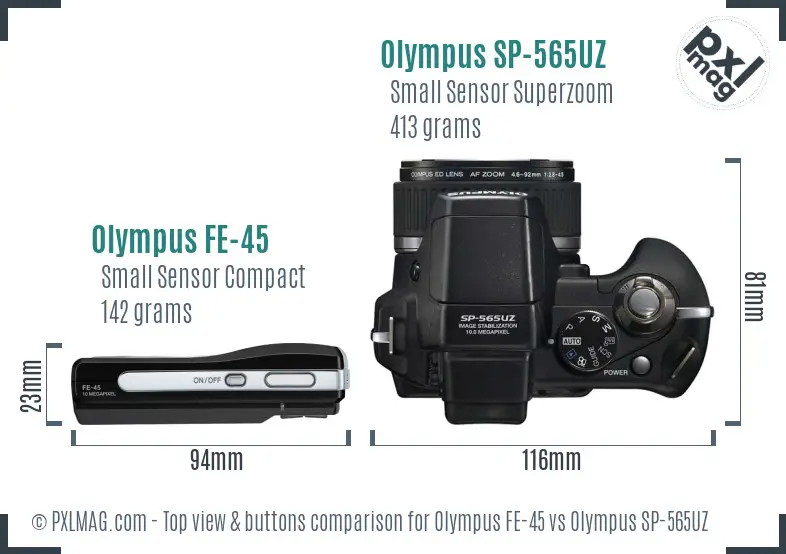 Olympus FE-45 vs Olympus SP-565UZ top view buttons comparison