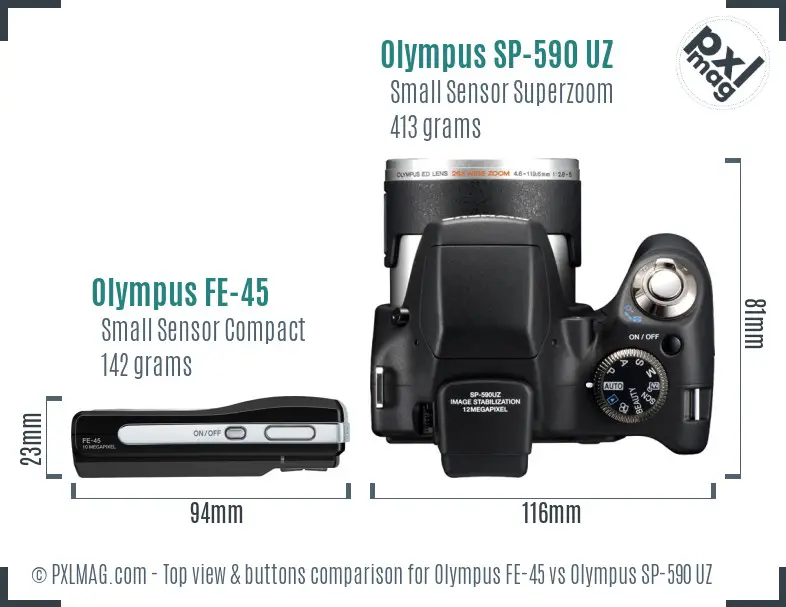 Olympus FE-45 vs Olympus SP-590 UZ top view buttons comparison