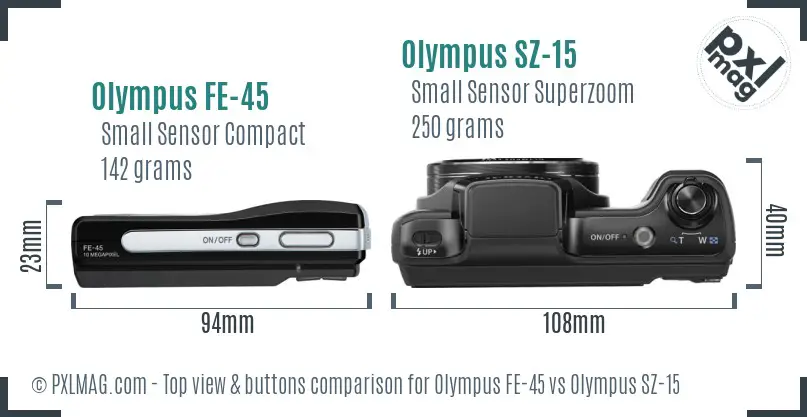 Olympus FE-45 vs Olympus SZ-15 top view buttons comparison
