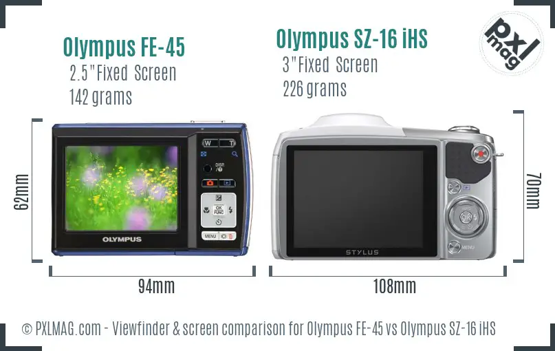 Olympus FE-45 vs Olympus SZ-16 iHS Screen and Viewfinder comparison
