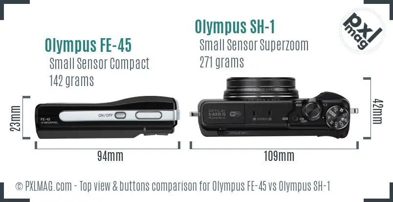Olympus FE-45 vs Olympus SH-1 top view buttons comparison