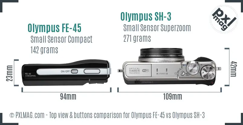 Olympus FE-45 vs Olympus SH-3 top view buttons comparison